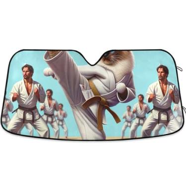 Imagem de Para-sol engraçado gato karatê para para-brisa de carro engraçado universal retrátil caminhão carro persianas para protetor de janelas dianteiras M, 139,7 cm x 70,1 cm
