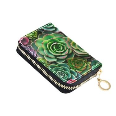 Imagem de Carteira feminina protetora de cartão de crédito com bloqueio de RFID, carteira masculina de couro com bolso para moedas, suculentas, rosetas verdes