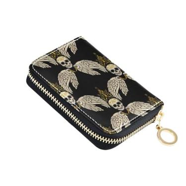 Imagem de Carteira pequena feminina com bloqueio de RFID, porta-cartões de crédito, zíper ao redor com zíper, bolso para moedas, asas de caveira, arte preta