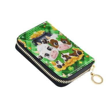 Imagem de Carteira de couro feminina com bloqueio de RFID, carteira de cartão de crédito, linda bolsa de troca de zíper com chaveiro, desenho fofo de vacas verdes