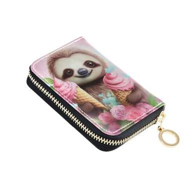 Imagem de Carteira feminina com porta-cartões com bloqueio de RFID, pequena carteira masculina com bolso para moedas, rosa, sorvete de preguiça fofo