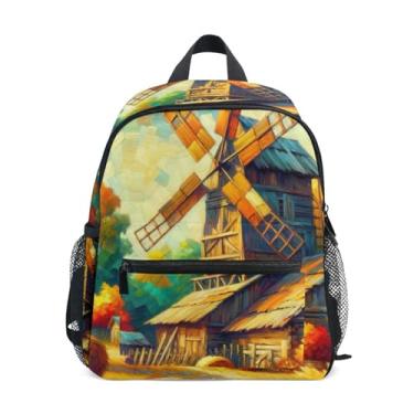 Imagem de GAIGEO Windmill Autumn Floral Toddler Mini Backpack 10x4x12 In, Mini Backpack for Toddler Girls with Water Bottle Pockets, Whistle Buckle