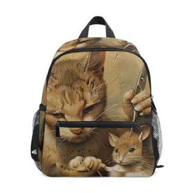 Imagem de Funny Cat Mouse Haircut Small School Backpack with Whistle, 2 Bottle Pockets, Lightweight, Kids Travel Backpacks 10x4x12 In, for Ages 3-8