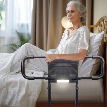 Imagem de Trilhos de cama para adultos idosos segurança com alturas ajustáveis de armazenamento suporte de bolso trilhos laterais para idosos escorregadores sob colchão protetor de cama de bengala (preto com