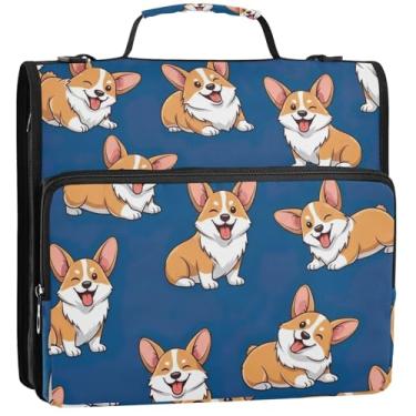 Imagem de Fichários fofos Corgi Dogs, azul-marinho, 3 anéis, 3 anéis, fichário com zíper, fichário organizador com alça, bolsa escolar de ensino médio, estojo portfólio com alça, 34,5 x 31,5 x 9 cm