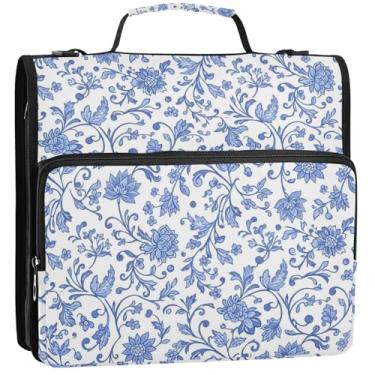 Imagem de Pastas de 3 anéis de folhas florais azuis brancas com 3 anéis, bolsa organizadora de fichários escolares com alça de ombro, pasta de armazenamento divertida com alça, 34,5 x 31,5 x 9 cm