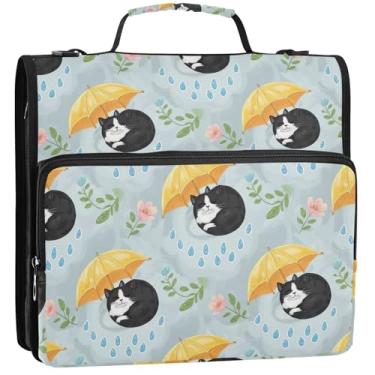 Imagem de Organizador de fichário com zíper para documentos, fichários de 3,5 cm, 3 anéis, resistente, preto, branco, gato, amarelo, caprichoso, portfólio e estojo para pasta de anel, bolsa escolar com alça de