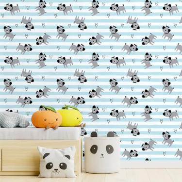 Imagem de FANCYEASY Papel de parede de cachorro fofo de 30,5 x 254 cm, descasque e cole papel de parede listrado azul e branco, autoadesivo, decorativo, cachorrinho, animal, papel de contato para armários