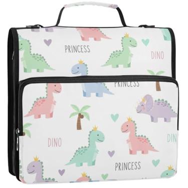 Imagem de Fichários de 3 anéis de 3 anéis resistentes fofos dinossauros pastel, organizador com zíper, bolsa de fichário para ensino médio com alça floral, vários bolsos, pasta grande, 34,5 x 31,5 x 9 cm