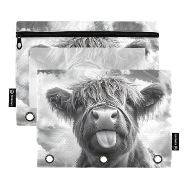 Imagem de GAIGEO Highland Cow — Pasta vintage com 3 anéis, bolsa para lápis, caneta, fichário com zíper, bolsos transparentes para crianças, tecido 25 x 18 cm, 2 pacotes