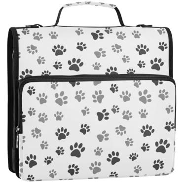 Imagem de Organizador de fichário grande com zíper, 3 fichários de 3 cm, cinza, preto, pata de cachorro, branco, portfólio, comporta 500 folhas, bolsa para fichário de ensino médio com alça, 34,5 x 31,5 x 9 cm