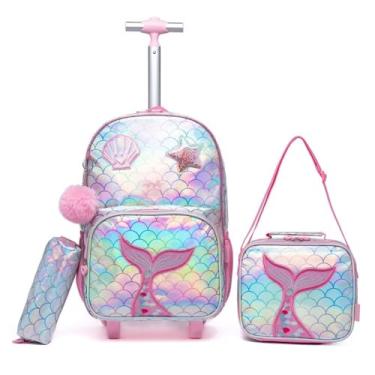 Imagem de Mochila Infantil com Rodas Sereia, 3 Peças, Design Escama Holográfico, Rosa e Multicor, com Lancheira e Estojo