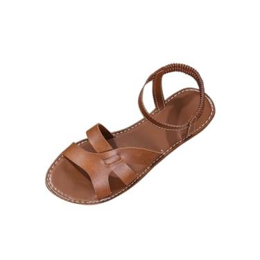 Imagem de Sandálias rasteiras femininas casuais de cor sólida romana com tira elástica sem cadarço nas costas, Marrom, 38