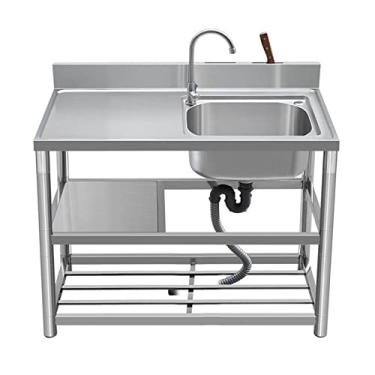 Imagem de Lava-louça de uso geral de pés, lava-louças de cozinha de restaurante comercial, tigela individual de aço inoxidável de pé, com banco de trabalho e prateleiras de armazenamento (tamanho: 90 cm,Cor: )