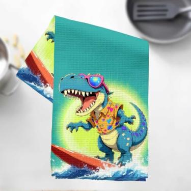 Imagem de Toalhas de cozinha de dinossauro de desenho animado, adorável impressão animal absorvente microfibra pano de prato decorativo toalha de chá, toalhas de mão waffle para cozinha, casa, banheiro