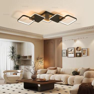 Imagem de Luminária de teto LED circular moderna para sala de estar, 3000K a 500K, dimerizável com controle remoto, ideal para cozinha, escritório, sala de jantar e quarto (preta, quadrada).