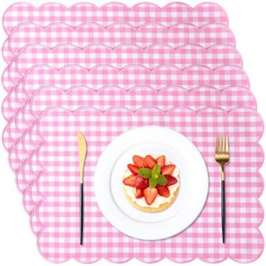 Imagem de SmoothNovelty 6 peças de jogo americano xadrez xadrez de linho guingão 33 x 48 cm, xadrez búfalo, lavável, bordado, ondulado, para mesas de jantar de cozinha da família (rosa)