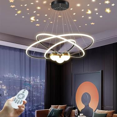 Imagem de Luminária pendente moderna de LED preta com 3 anéis - Regulável, criativa, redonda, para sala de jantar e sala de estar, com controle remoto, 110W