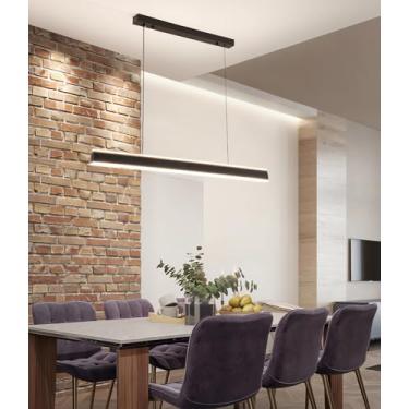 Imagem de Luminária de teto LED para mesa de jantar com controle remoto, design linear, simples e elegante, na cor preta, 80 cm (Preto, 80 cm)
