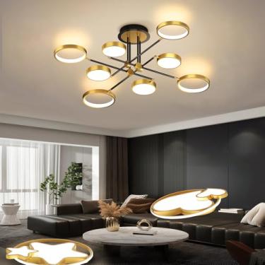 Imagem de Luminária de teto LED moderna Φ115cm, dimerizável, de embutir, 96w, redonda, com controle remoto, em acrílico, para sala de estar, quarto, cozinha, corredor e escritório (dourada, 8 lâmpadas