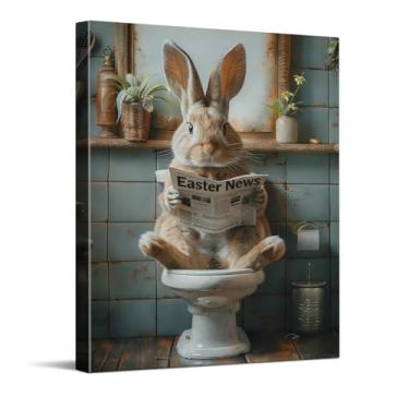 Imagem de CYFDYVT Coelhinho engraçado lendo impressões em tela de notícias de Páscoa, arte de parede em tela estilo banheiro rústico, decoração de banheiro, decoração de quarto infantil, decoração de casa tema