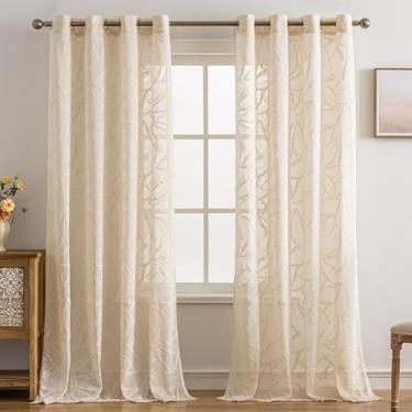 Imagem de Huierxun Conjunto de cortinas semitransparentes com folhas boho, 243,8 cm de comprimento, 2 painéis para sala de estar/quarto, cortinas de painel transparente de voile com ilhós tropicais (bege, 139 x
