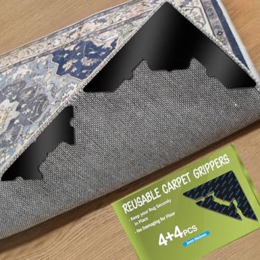 Imagem de Tapetes antiderrapantes grandes 8 peças, fita de carpete dupla face reutilizável para pisos e azulejos de madeira, adesivo extra grosso e dupla face para proteger tapetes de área, sem resíduos para