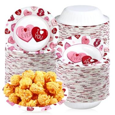 Imagem de Greencian 100 tigelas de papel para o dia dos namorados, 340 g, descartáveis, rosa, coração, sobremesa, corações vermelhos e rosa com palavras, tigela de sopa para decoração de festa de aniversário de