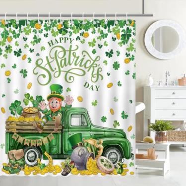 Imagem de Mocsicka Cortina de chuveiro Dia de São Patrício Gnomos Caminhão Trevo Verde Trevo Banheiro Cortina de Chuveiro de Tecido Impermeável Dia de São Patrício Cortina de Chuveiro Decoração de Banheira com
