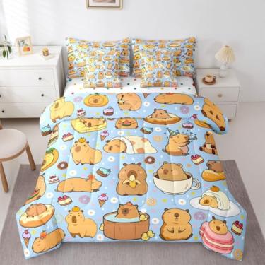 Imagem de Conjunto de cama casal de 7 peças de desenho animado de animais kawaii, cama em uma bolsa, conjunto de cama para amantes de capivara, inclui edredom, conjunto de lençóis, fronhas e fronhas, decoração
