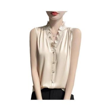 Imagem de Camiseta Sem Mangas Feminina Em Cetim Com Decote Em V E Borda De Cogum