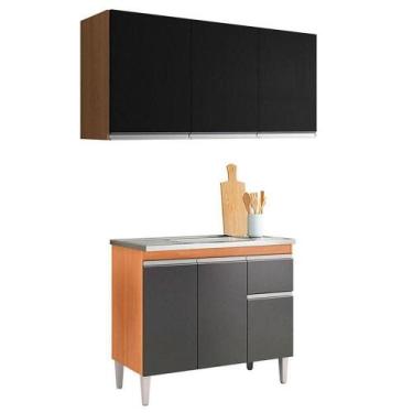 Imagem de Balcão De Pia Tatiane 100cm E Armário Aéreo Andréia 3 Portas Amêndoa P