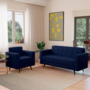 Imagem de Conjunto de Sofá 3 Lugares com 1 Poltrona Vitrola Suede Azul - Modern