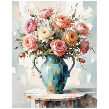 Imagem de Kit de pintura de buquê de rosas por números para adultos - DIY rosas e brancas em vaso pintura em tela 30 x 40 cm, conjunto de tinta acrílica emoldurada, adequado para iniciantes, arte elegante para