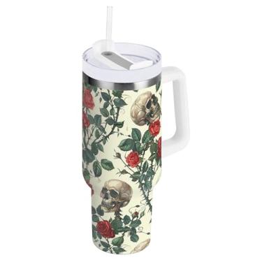 Imagem de SEHANY Copo de caveira e rosas de 1,18 l com alça, copo isolado de aço inoxidável a vácuo de parede dupla, à prova de vazamento, caneca de café isolada para viagem cabe no suporte de copo de carro