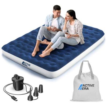 Imagem de Colchão Inflável Casal Queen, com bomba de ar recarregável USB, bolsa de viagem e travesseiro incluído, ACTIVE ERA, Azul