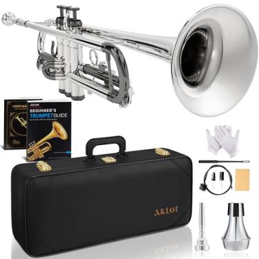 Imagem de AKLOT Trompete de sino martelado à mão: ação de válvula lisa, corpo de latão laqueado, conjunto de trompete padrão para iniciantes com estojo de couro, livro de aula, mudo de trompete, bocal, kit de