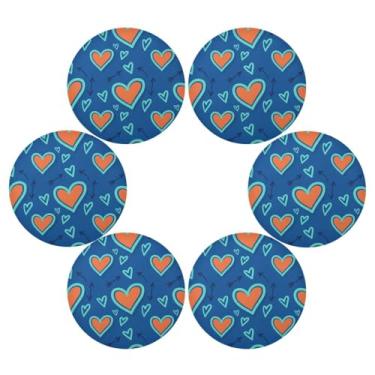 Imagem de Wassud Jogo americano conjunto de 6 tapetes redondos de corações laranja brilhantes para cozinha e jantar tapetes laváveis resistentes ao calor decoração de mesa 39 cm