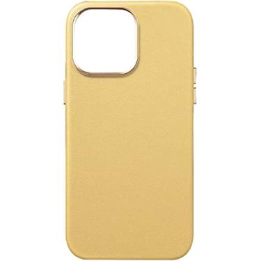 Imagem de FULNES Capa traseira de telefone de couro genuíno, para Apple iPhone 14 Plus 2022 Capa resistente a arranhões à prova de choque [Proteção de tela e câmera] (Cor: amarelo)