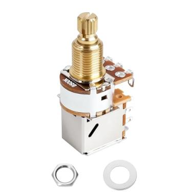 Imagem de Banworks Potenciômetros de guitarra Full Brass B500K Imperial de 3/20.3 cm com rosca push pull, eixo longo dividido de 18 mm (comprimento de 18 mm) Potenciômetros lineares cônicos para Fender Strat