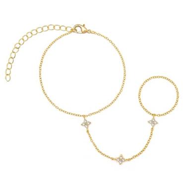 Imagem de Pulseira de corrente de mão banhada a ouro 14K com anel, delicada pulseira de dedo de zircão cúbico, joia corporal de punho ajustável presentes para mulheres, One Size, Zircônia cúbica