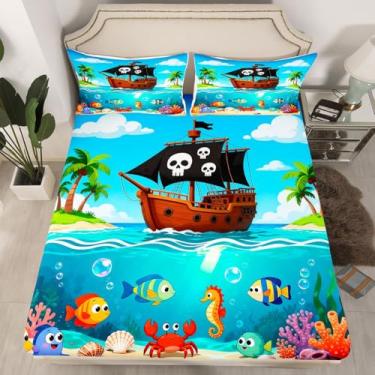 Imagem de Jogo de cama com desenho de navio pirata, peixe, caranguejo selvagem, vida marinha selvagem, céu azul, mar, coqueiros, tropicais, lençol com elástico, 2 fronhas (sem lençol de cima), tamanho casal 3