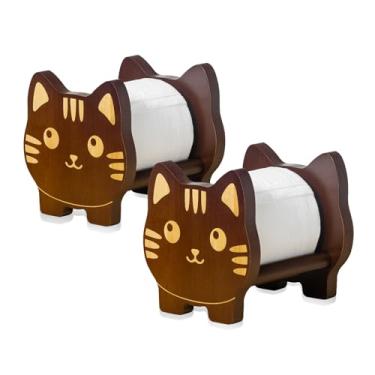 Imagem de Suporte de papel higiênico de madeira para gatos, pacote com 2, dispensador de rolo de papel higiênico resistente e fofo com prateleira de armazenamento, presente exclusivo de decoração de casa para