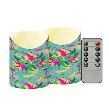 Imagem de Wassud Pacote com 2 velas tropicais Mardi Gras sem chama com controle remoto, velas realistas cintilantes com temporizador, velas decorativas para Natal, casamento, festa, decoração de casa pequena