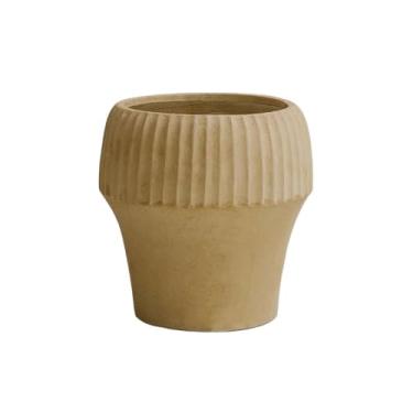Imagem de KEG801302 Vaso de flores cor camelo com listras vaso redondo com orifício de drenagem, vaso de flores de argila magnésio, para plantas, flores, ambientes internos e externos