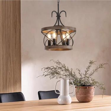 Imagem de Luminária pendente retrô E14, luminária de mesa de jantar, estilo industrial, feita de madeira, com 5 lâmpadas, estilo retrô, viga de madeira vintage, para sala de estar, restaurante, cozinh