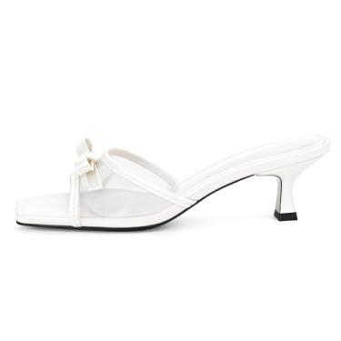 Imagem de pinokino Sandálias femininas de salto gatinho de bico quadrado de 5 cm com laço, salto baixo confortável sem cadarço de malha para festas, casamentos, eventos noturnos e uso diário casual, Branco, 40