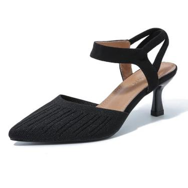 Imagem de fereshte Sapato social feminino com salto baixo gatinho de malha com tira elástica no tornozelo, Preto, 41