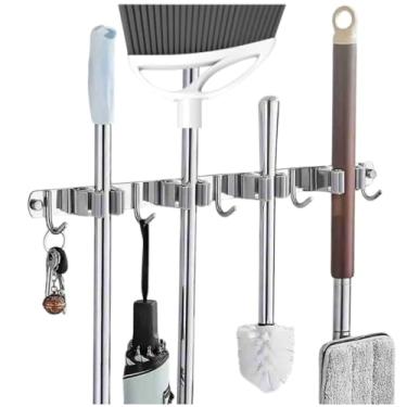 Imagem de Suporte de Parede Porta Vassouras Organizador Multiuso 9 em 1, Cromado, com Ganchos para Vassouras, Ferramentas e Utensílios Domésticos