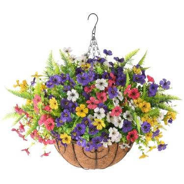 Imagem de Cestas de flores artificiais, multicoloridas, 12 pacotes de flores artificiais com samambaias, cesta suspensa ao ar livre, decoração de primavera e verão, plantas falsas para varanda, pátio, varanda